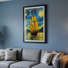 Golden Sails under Starry Skies - Vertical Van Gogh Ship Art (Premium Glass Frame)
