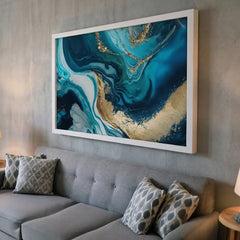 Blue Gold Fluidity - Modern Marble Abstract Art (Premium Glass Frame)