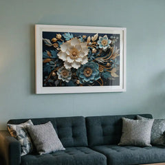 Midnight Teal Blossoms - Floral Art (Premium Glass Frame)