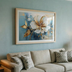 Azure & Gold Petals - Floral Art (Premium Glass Frame)