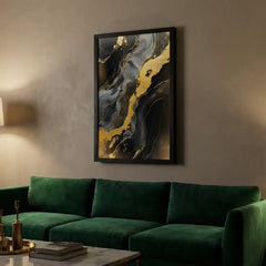 Black & Gold Fluid Marble Abstract - Premium Glass Framed Wall Art