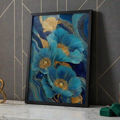 Royal Blue & Gold Floral - Premium Glass Framed Wall Art