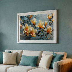 Elegant Cream & Teal Blossom - Premium Glass Framed Wall Art