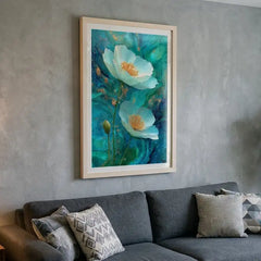 Ethereal Teal Floral - Premium Glass Framed Wall Art