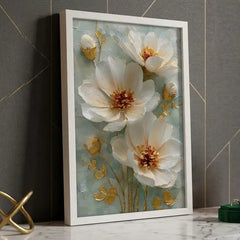 Elegant White & Gold Floral - Premium Glass Framed Wall Art