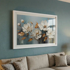 Serene White & Gold Floral - Premium Glass Framed Wall Art