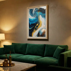 Azure & Gold Flow - Modern Abstract Swirl Art (Premium Glass Frame)