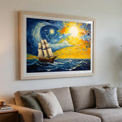 Celestial Voyage - Van Gogh Style Ship Art (Premium Glass Frame)