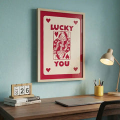 Lucky You - Queen of Hearts Typography Art (Premium Glass Frame)