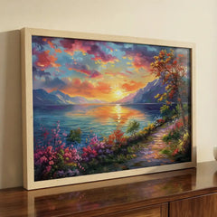 Serene Horizon - Colorful Lake Sunset Art (Premium Glass Frame)