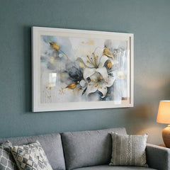White Lily & Gold Splatters - Floral Art (Premium Glass Frame)