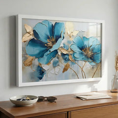 Azure Blooms - Blue & Gold Floral Art (Premium Glass Frame)