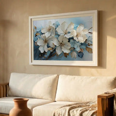 Pristine Blooms - White & Blue Floral Art (Premium Glass Frame)