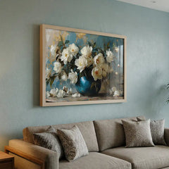 White Blossoms in Blue Vase - Floral Art (Premium Glass Frame)