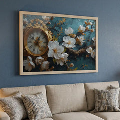Vintage Clock & White Floral - Premium Glass Framed Wall Art