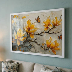 Vibrant Yellow & Orange Floral Butterfly - Premium Glass Framed Wall Art