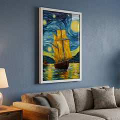Golden Sails under Starry Skies - Vertical Van Gogh Ship Art (Premium Glass Frame)
