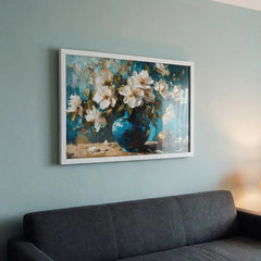 Azure Vase Blossoms - Still Life Art (Premium Glass Frame)