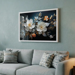 Midnight & Ivory Blossoms - Floral Art (Premium Glass Frame)
