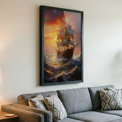 Golden Sunset Voyage - Majestic Sailing Ship Art (Premium Glass Frame)