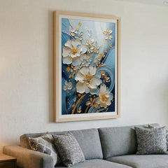 Blue & Gold 3D-Style Floral - Premium Glass Framed Wall Art