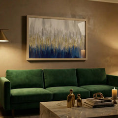 Golden Rainfall - Blue & Gold Abstract Art (Premium Glass Frame)