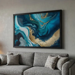 Blue Gold Fluidity - Modern Marble Abstract Art (Premium Glass Frame)