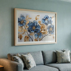 Sapphire & Gold Blooms - Floral Art (Premium Glass Frame)