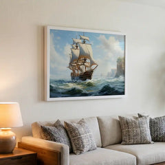 Coastal Voyage - Bright Ocean Ship Art (Premium Glass Frame)
