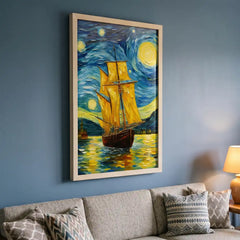 Golden Sails under Starry Skies - Vertical Van Gogh Ship Art (Premium Glass Frame)