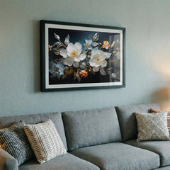 Midnight & Ivory Blossoms - Floral Art (Premium Glass Frame)