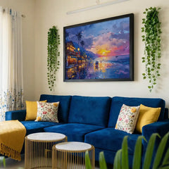 Twilight Coast - Sea Beach & City Lights Art (Premium Glass Frame)