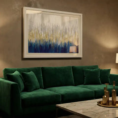 Golden Rainfall - Blue & Gold Abstract Art (Premium Glass Frame)