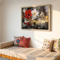 Crimson Elegance - Red & White Floral Art (Premium Glass Frame)