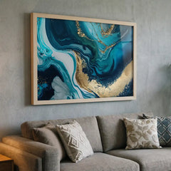 Blue Gold Fluidity - Modern Marble Abstract Art (Premium Glass Frame)