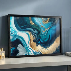 Blue Gold Fluidity - Modern Marble Abstract Art (Premium Glass Frame)