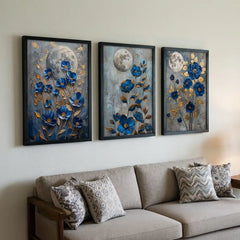 Midnight Blue Florals - 3 Piece Moonlit Art Combo (Premium Glass Frame)