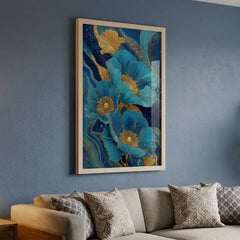 Royal Blue & Gold Floral - Premium Glass Framed Wall Art