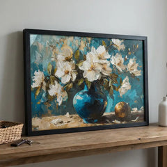 Azure Vase Blossoms - Still Life Art (Premium Glass Frame)