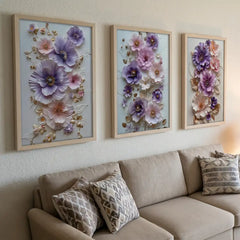 Lavender Dream Florals - 3 Piece Pastel Art Combo (Premium Glass Frame)