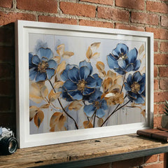 Sapphire & Gold Blooms - Floral Art (Premium Glass Frame)