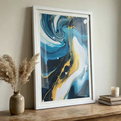 Azure & Gold Flow - Modern Abstract Swirl Art (Premium Glass Frame)