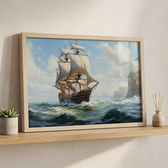 Coastal Voyage - Bright Ocean Ship Art (Premium Glass Frame)
