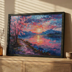 Pink Blossom Sunset - Dreamy Lake Scenery (Premium Glass Frame)