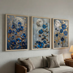 Midnight Blue Florals - 3 Piece Moonlit Art Combo (Premium Glass Frame)