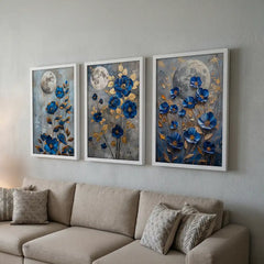 Midnight Blue Florals - 3 Piece Moonlit Art Combo (Premium Glass Frame)