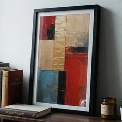 Geometric Luxe - Red, Gold & Blue Abstract Art (Premium Glass Frame)