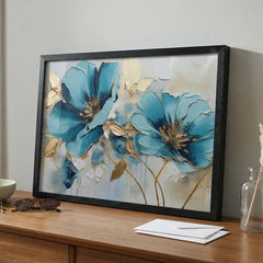 Azure Blooms - Blue & Gold Floral Art (Premium Glass Frame)