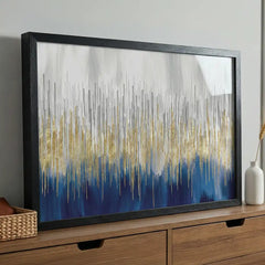 Golden Rainfall - Blue & Gold Abstract Art (Premium Glass Frame)