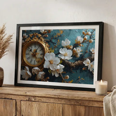 Vintage Clock & White Floral - Premium Glass Framed Wall Art